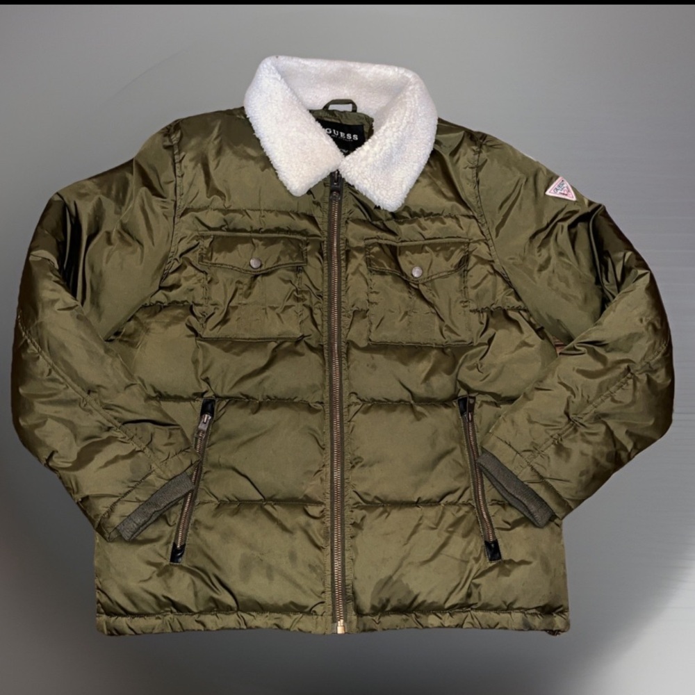 Guess Quilted Sherpa Collar Winter Jacket Gold Hardware Zip Pocket Unisex